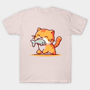 Joyful Feline The Happy Cat and Fish Illustration T-Shirt